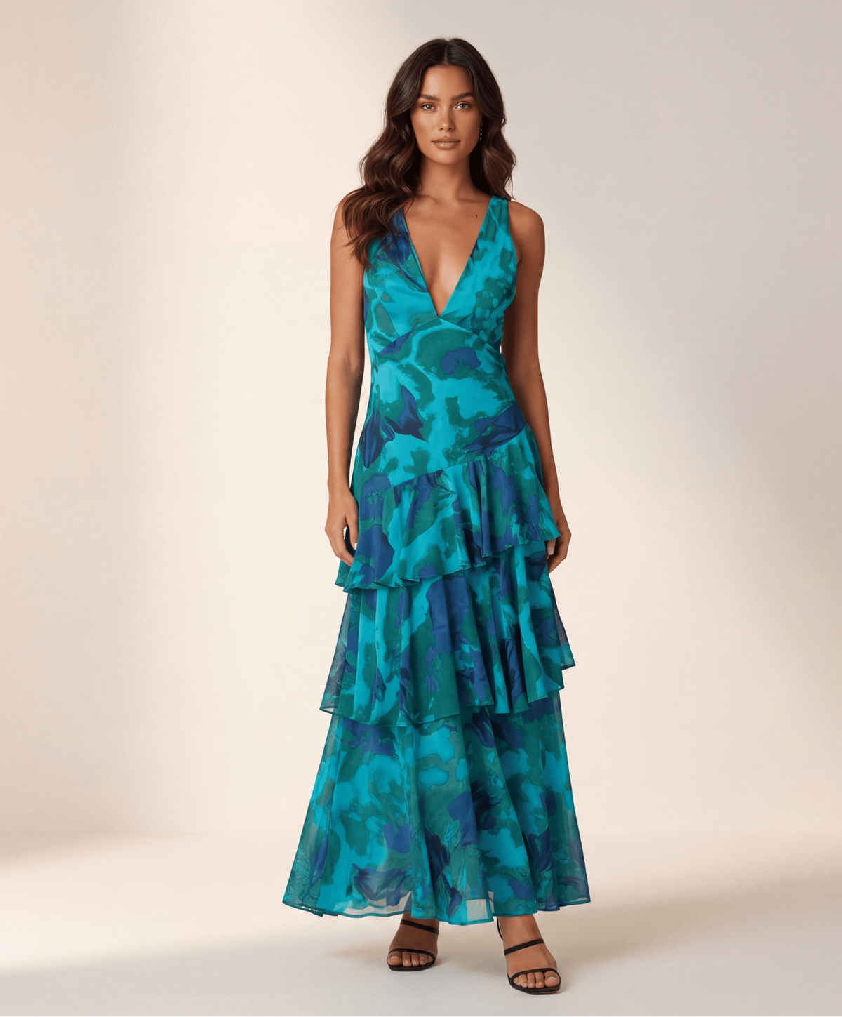Mouwloze maxi jurk met gelaagde rok in groen