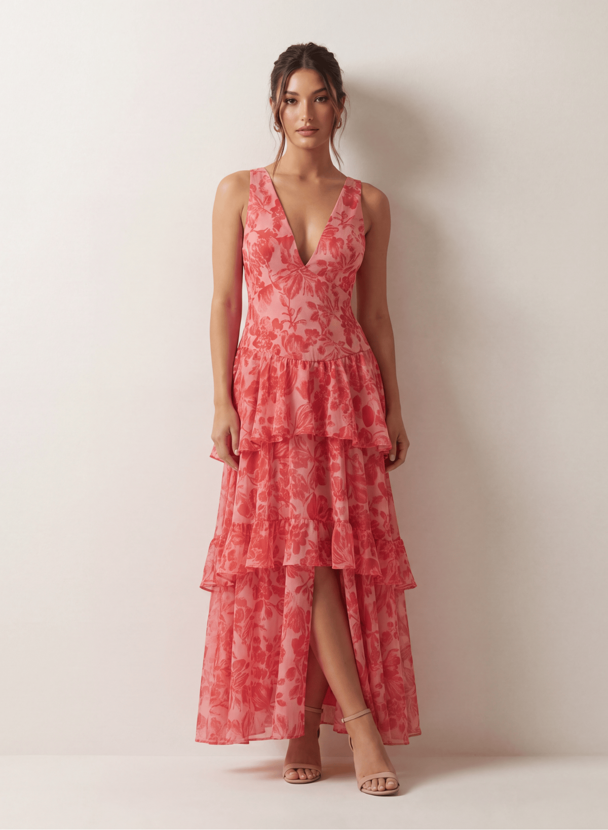 Mouwloze maxi jurk met gelaagde rok in rood