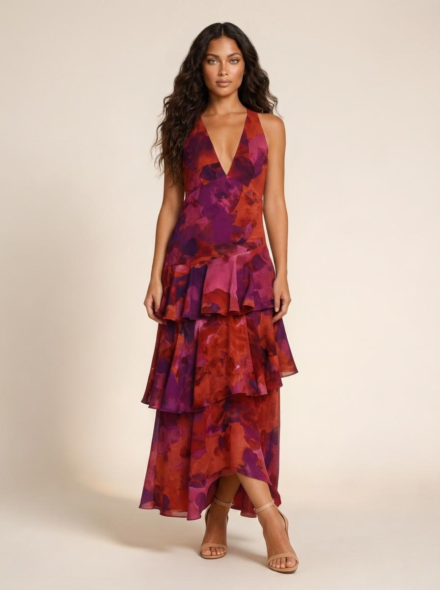 Mouwloze maxi jurk met gelaagde rok in paars
