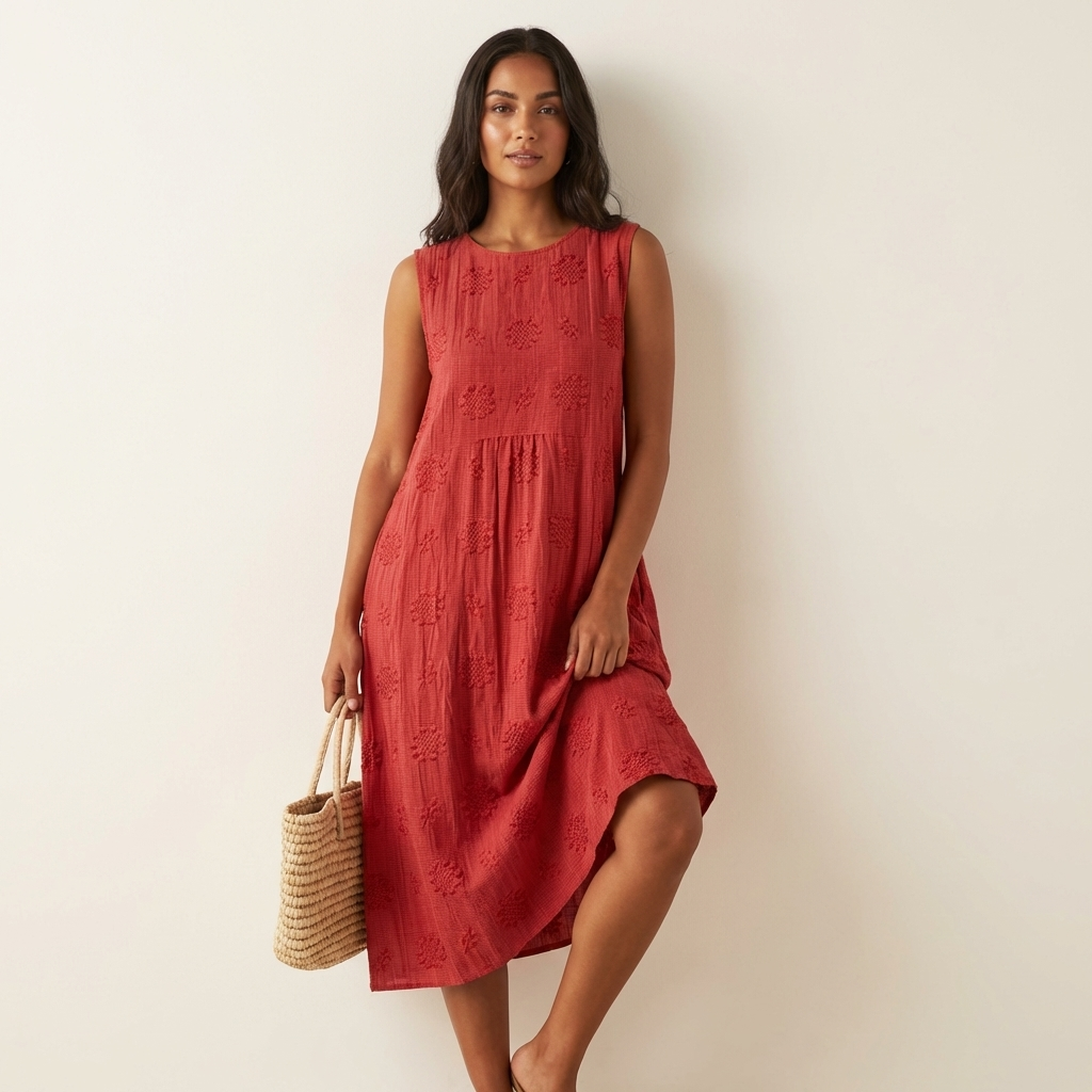 Mouwloze midi-jurk met borduurdetails in rood