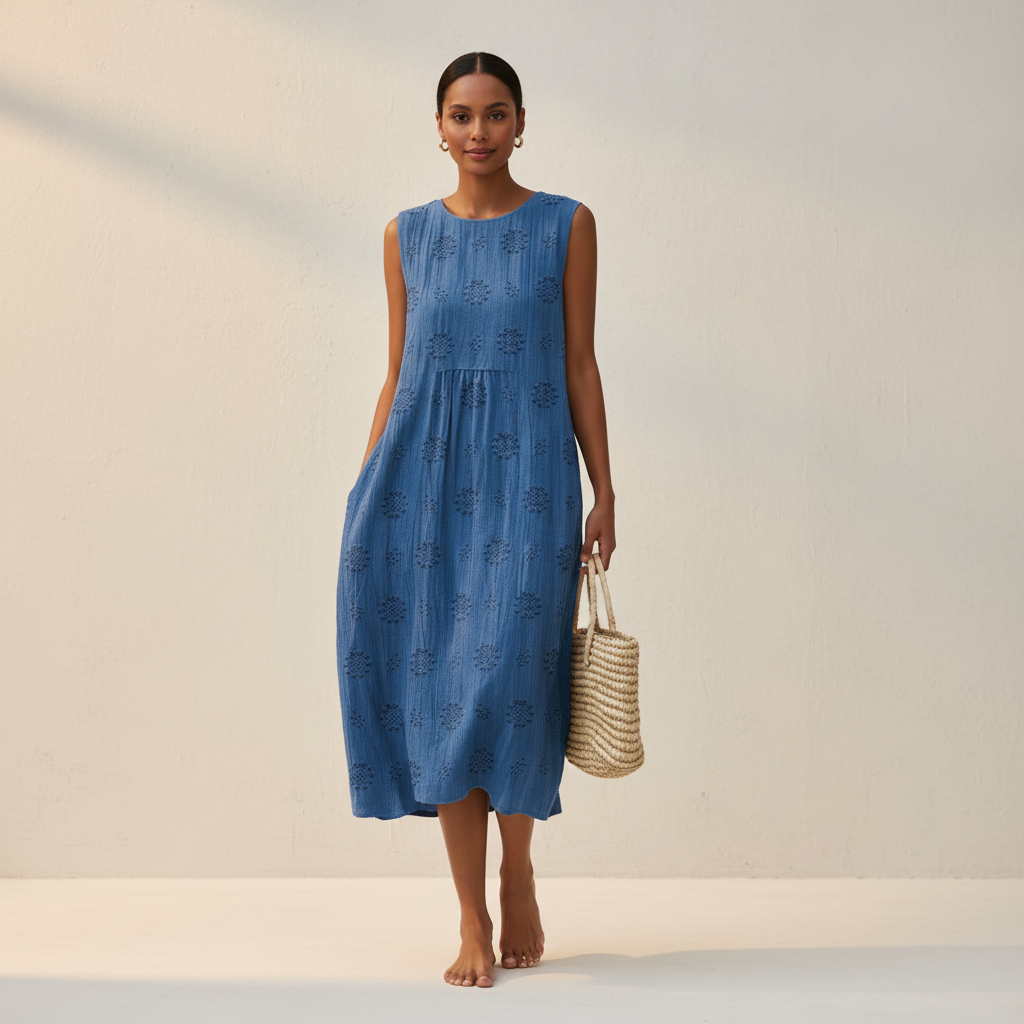 Mouwloze midi-jurk met borduurdetails in blauw