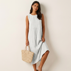 Mouwloze midi-jurk met borduurdetails in wit