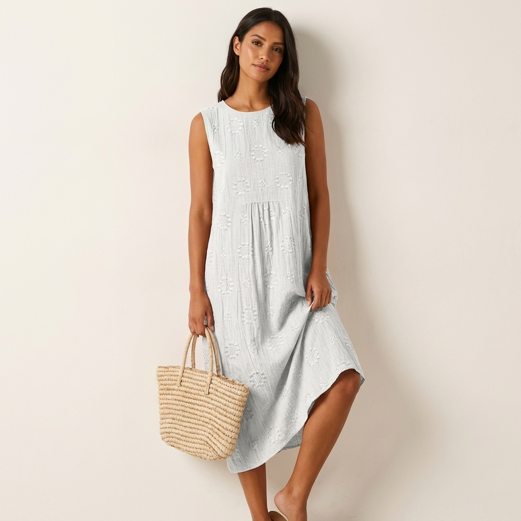Mouwloze midi-jurk met borduurdetails in wit