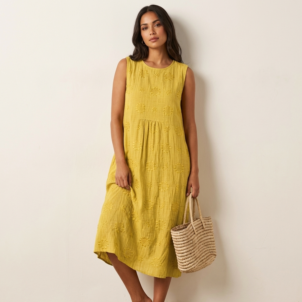 Mouwloze midi-jurk met borduurdetails in geel