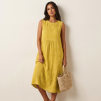 Mouwloze midi-jurk met borduurdetails in geel