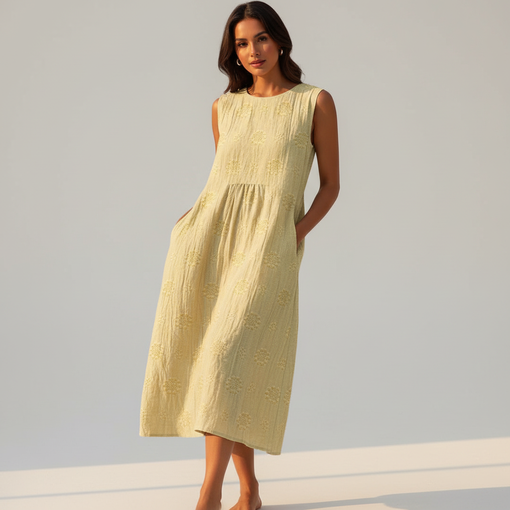 Mouwloze midi-jurk met borduurdetails in lichtgeel