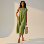 Mouwloze midi-jurk met borduurdetails in groen