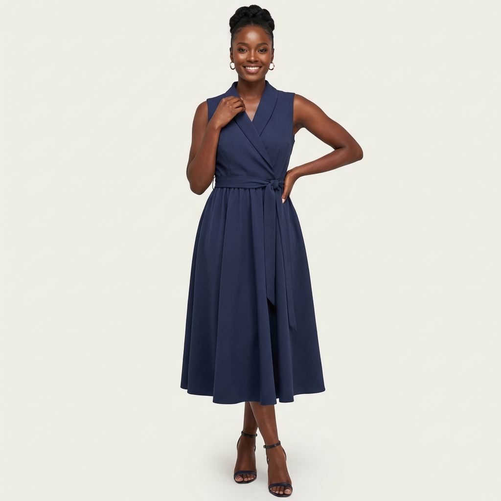 Mouwloze midi jurk met strikceintuur in blauw
