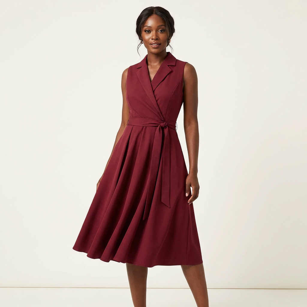 Mouwloze midi jurk met strikceintuur in rood