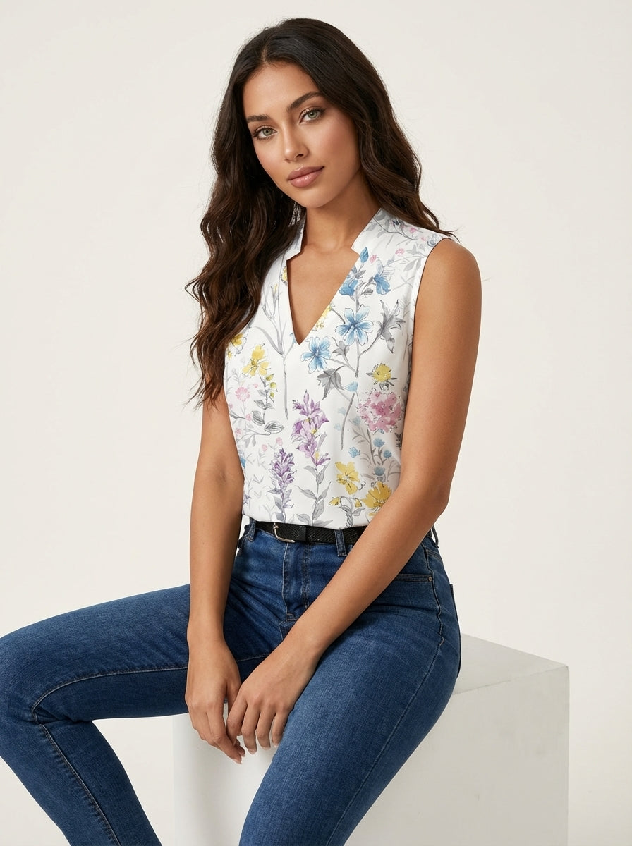 Mouwloze top met overslaghals in bloemen