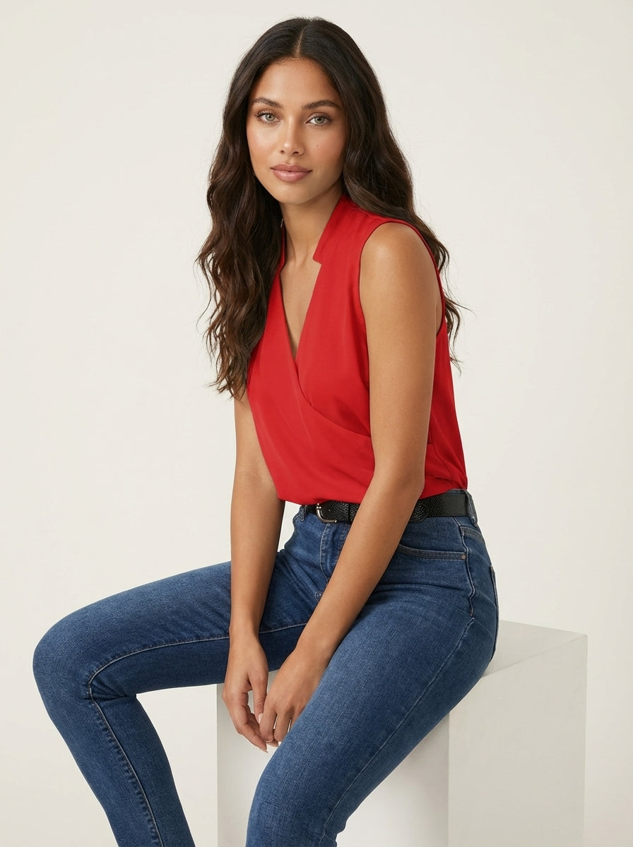 Mouwloze top met overslaghals in rood