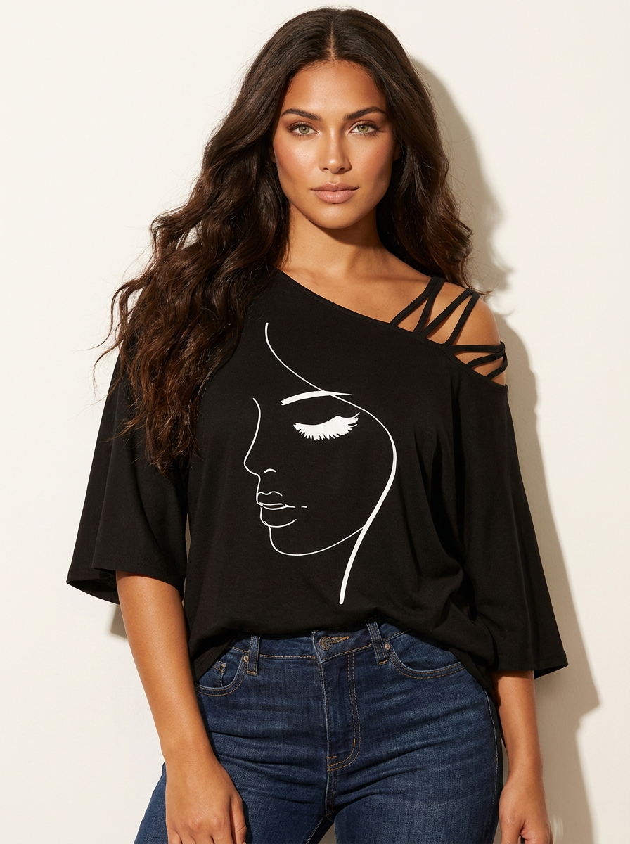 Off-shoulder top met artistieke print in zwart