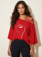 Off-shoulder top met artistieke print in rood