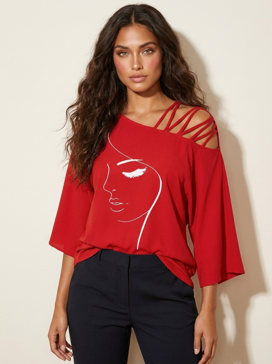 Off-shoulder top met artistieke print in rood
