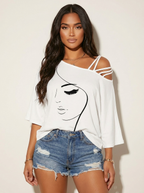 Off-shoulder top met artistieke print in wit