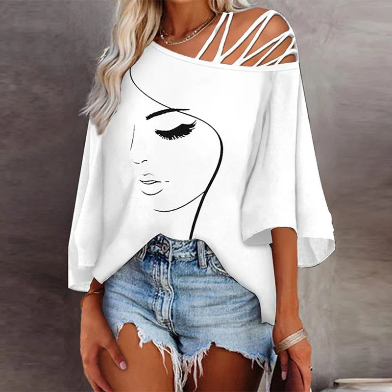Off-shoulder top met artistieke print