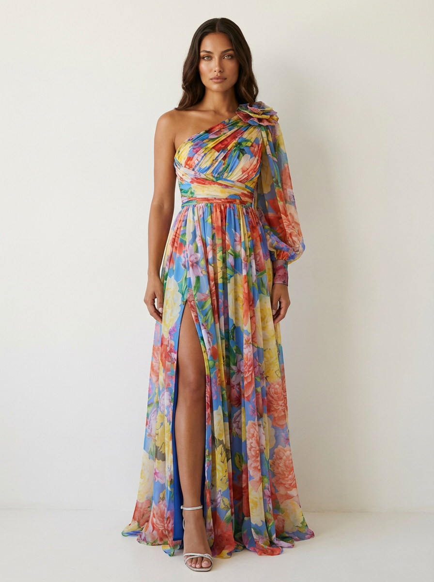 One shoulder maxi jurk met bloemenprint in paars