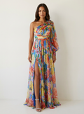 One shoulder maxi jurk met bloemenprint in paars
