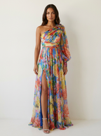 One shoulder maxi jurk met bloemenprint in paars