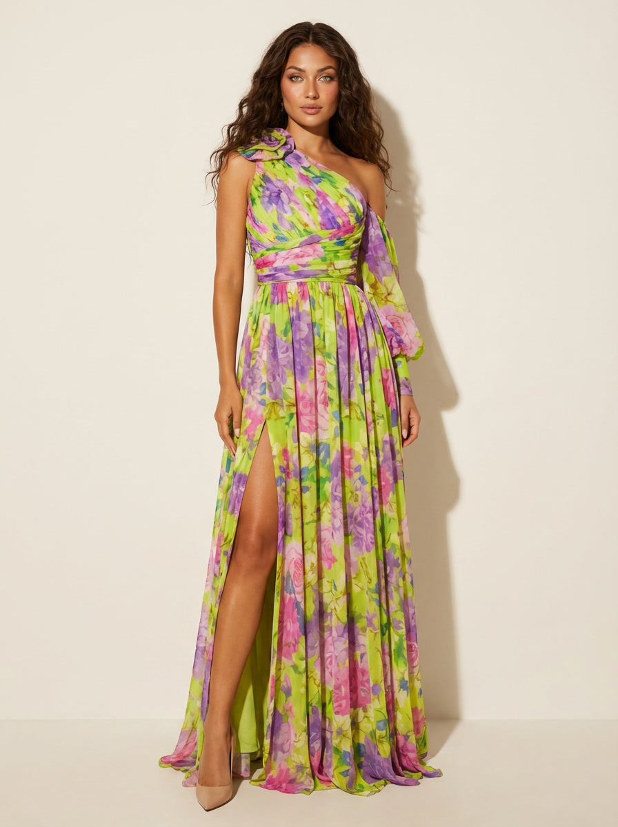 One shoulder maxi jurk met bloemenprint in geel