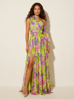 One shoulder maxi jurk met bloemenprint in geel