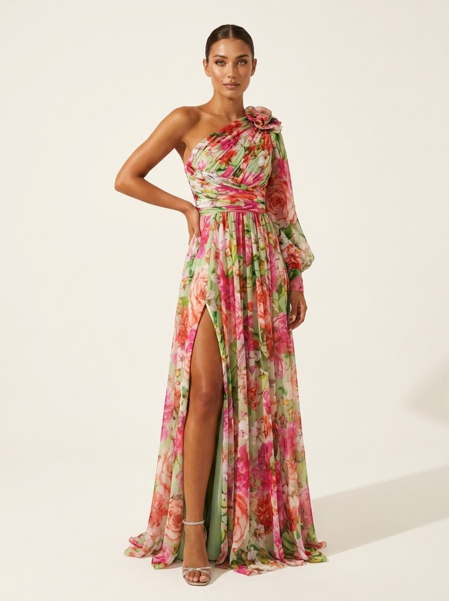 One shoulder maxi jurk met bloemenprint in roze
