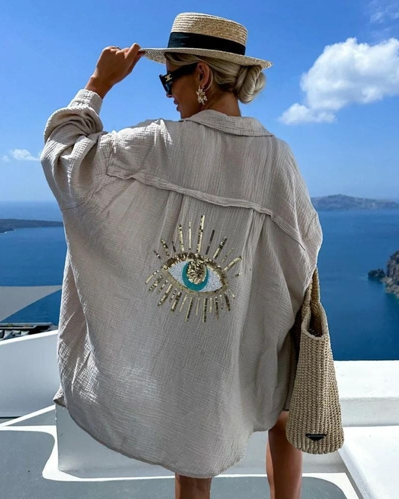 Oversized blouse met geborduurd oogdetail in khaki