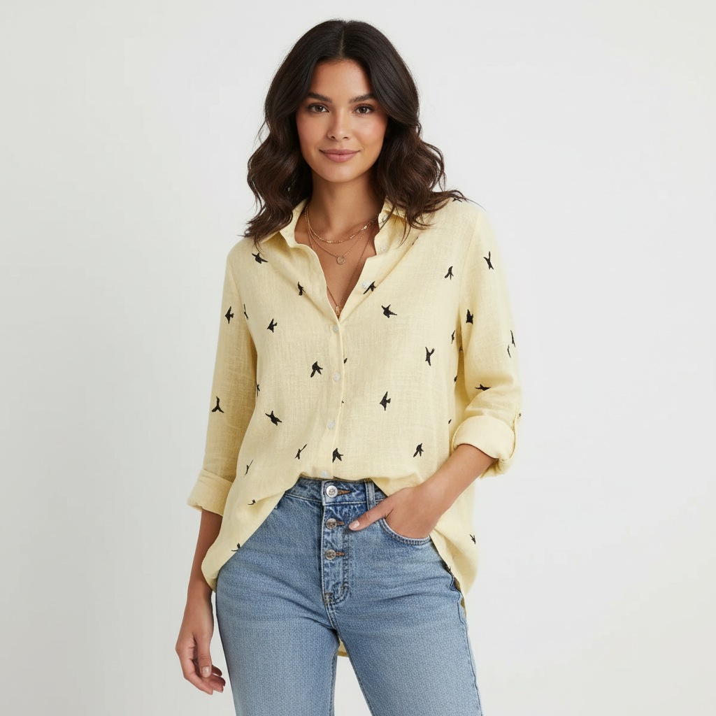 Oversized blouse met v-hals en knoopsluiting in geel print