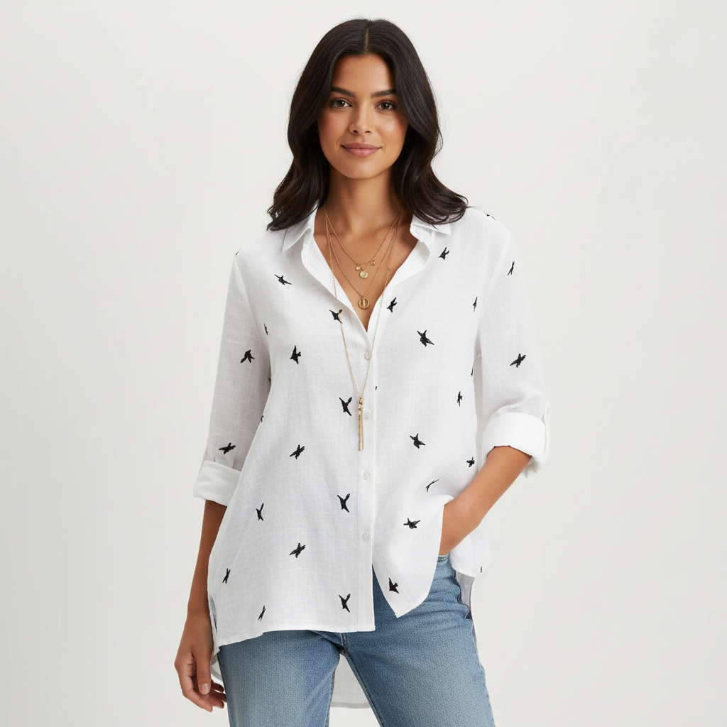 Oversized blouse met v-hals en knoopsluiting in wit print