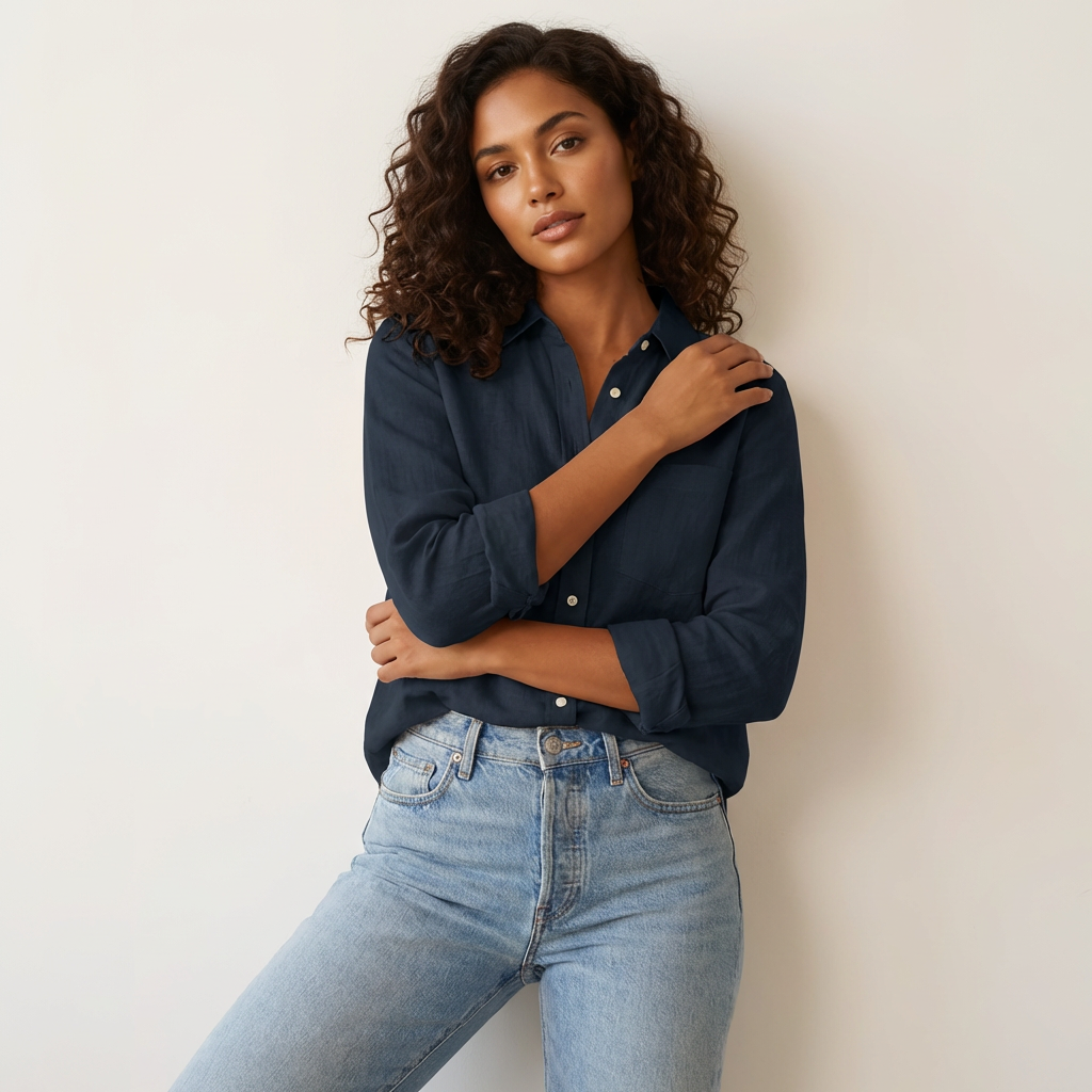 Oversized blouse met v-hals en knoopsluiting in donkerblauw