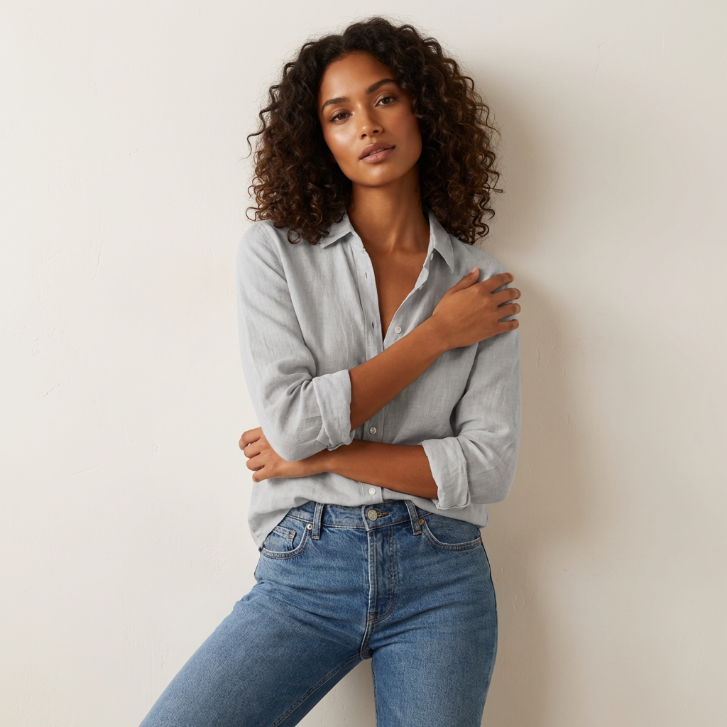 Oversized blouse met v-hals en knoopsluiting in grijs