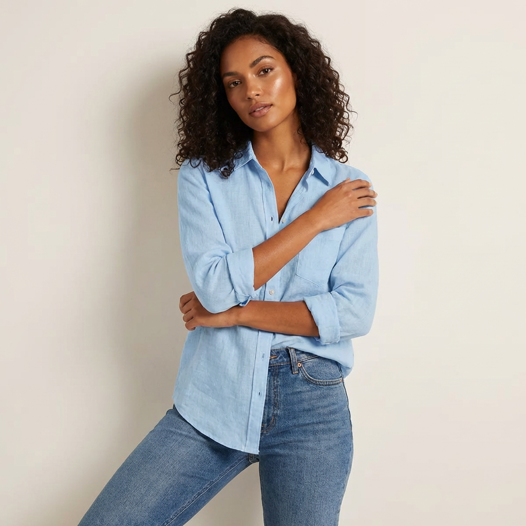 Oversized blouse met v-hals en knoopsluiting in blauw