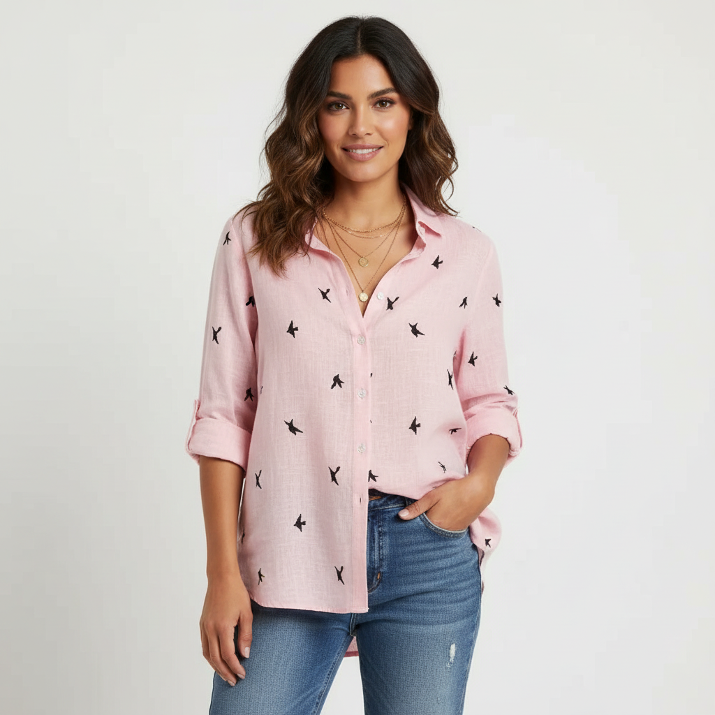 Oversized blouse met v-hals en knoopsluiting in roze print