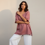 Oversized linnen top met korte mouwen in roze