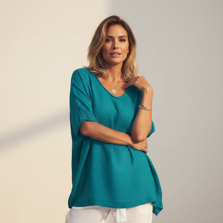 Oversized linnen top met korte mouwen in blauw