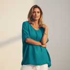Oversized linnen top met korte mouwen in blauw
