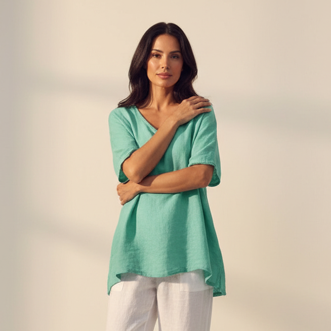 Oversized linnen top met korte mouwen in groen