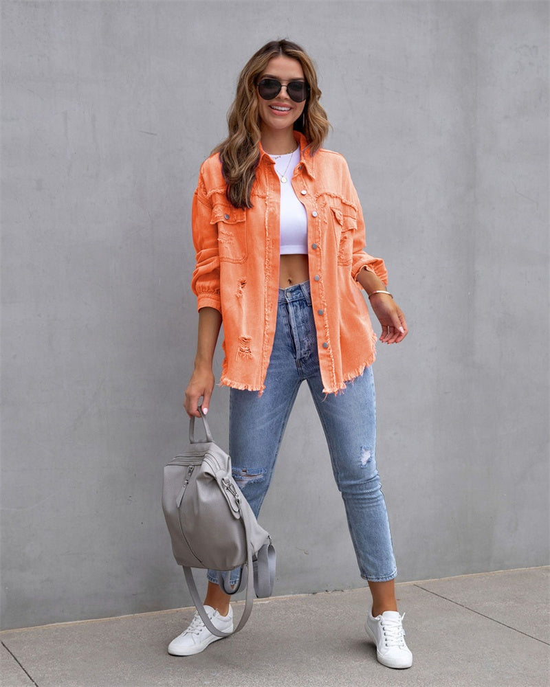 Oversized spijkerjack met destroyed details voor dames in oranje
