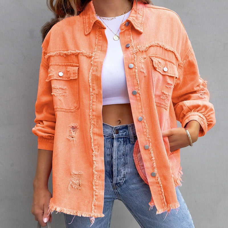 Oversized spijkerjack met destroyed details voor dames in oranje