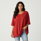 Oversized T-shirt met V-hals in rood