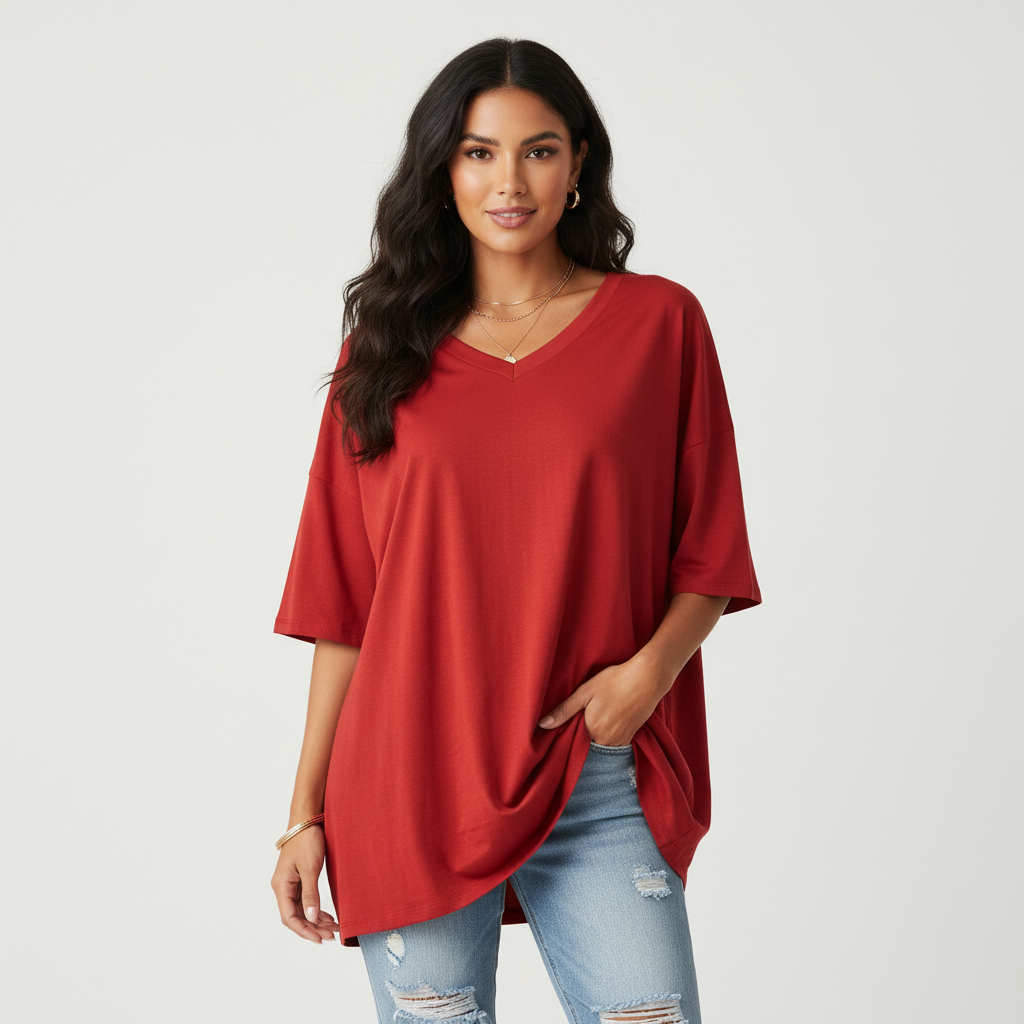 Oversized T-shirt met V-hals in rood