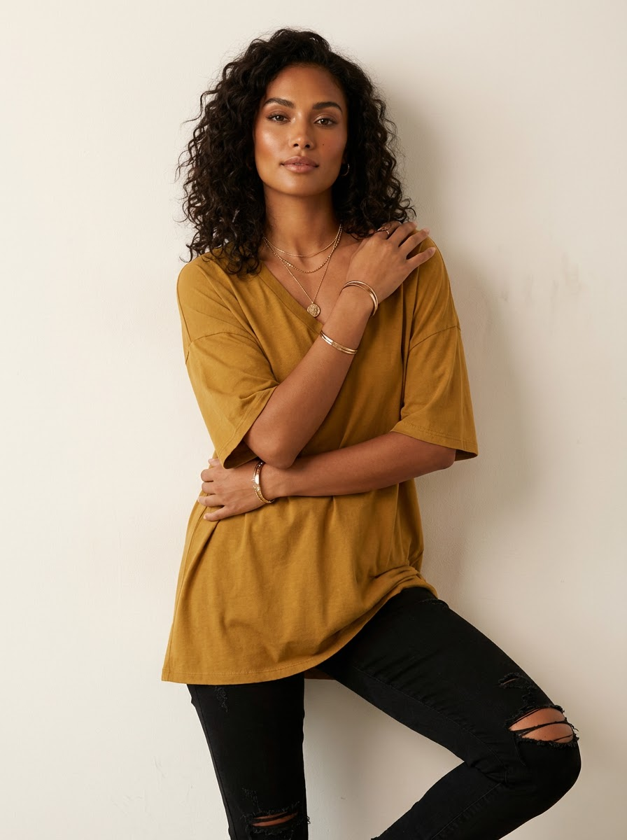 Oversized T-shirt met V-hals in bruin