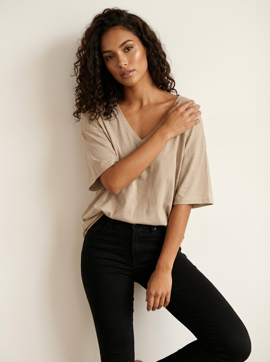 Oversized T-shirt met V-hals in beige