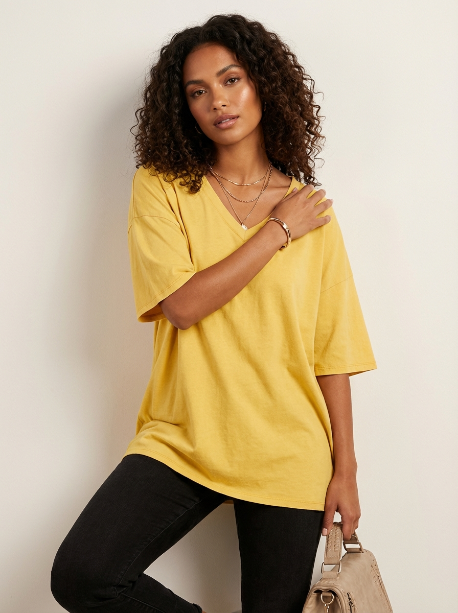Oversized T-shirt met V-hals in geel