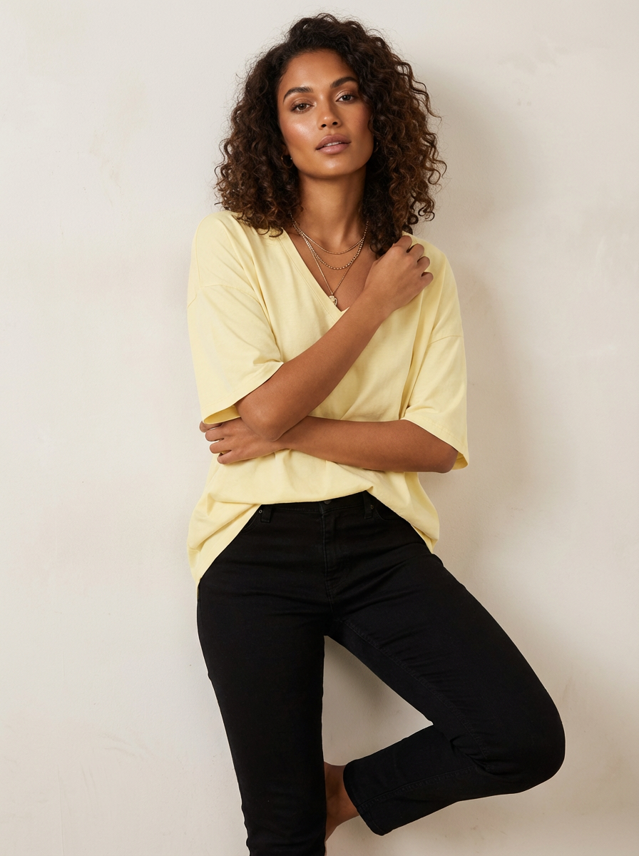 Oversized T-shirt met V-hals in licht geel