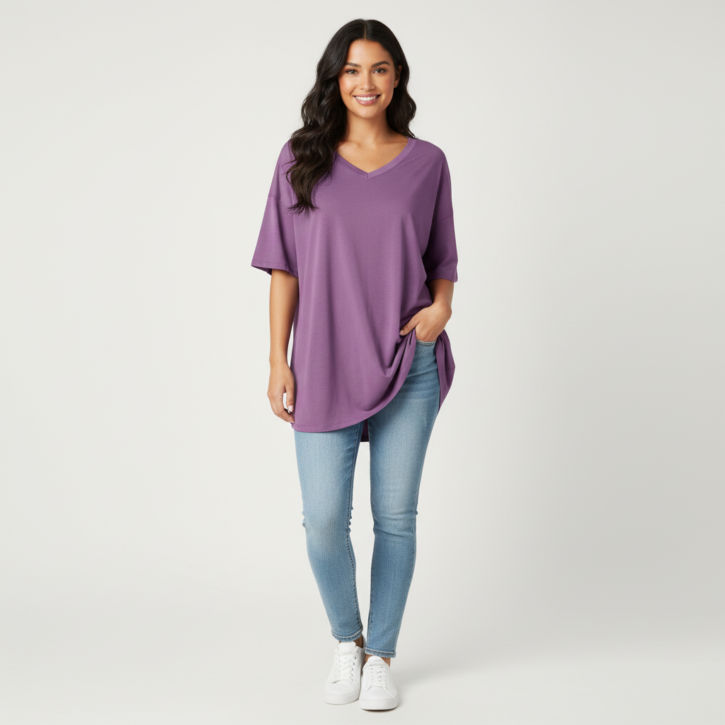 Oversized T-shirt met V-hals in lila