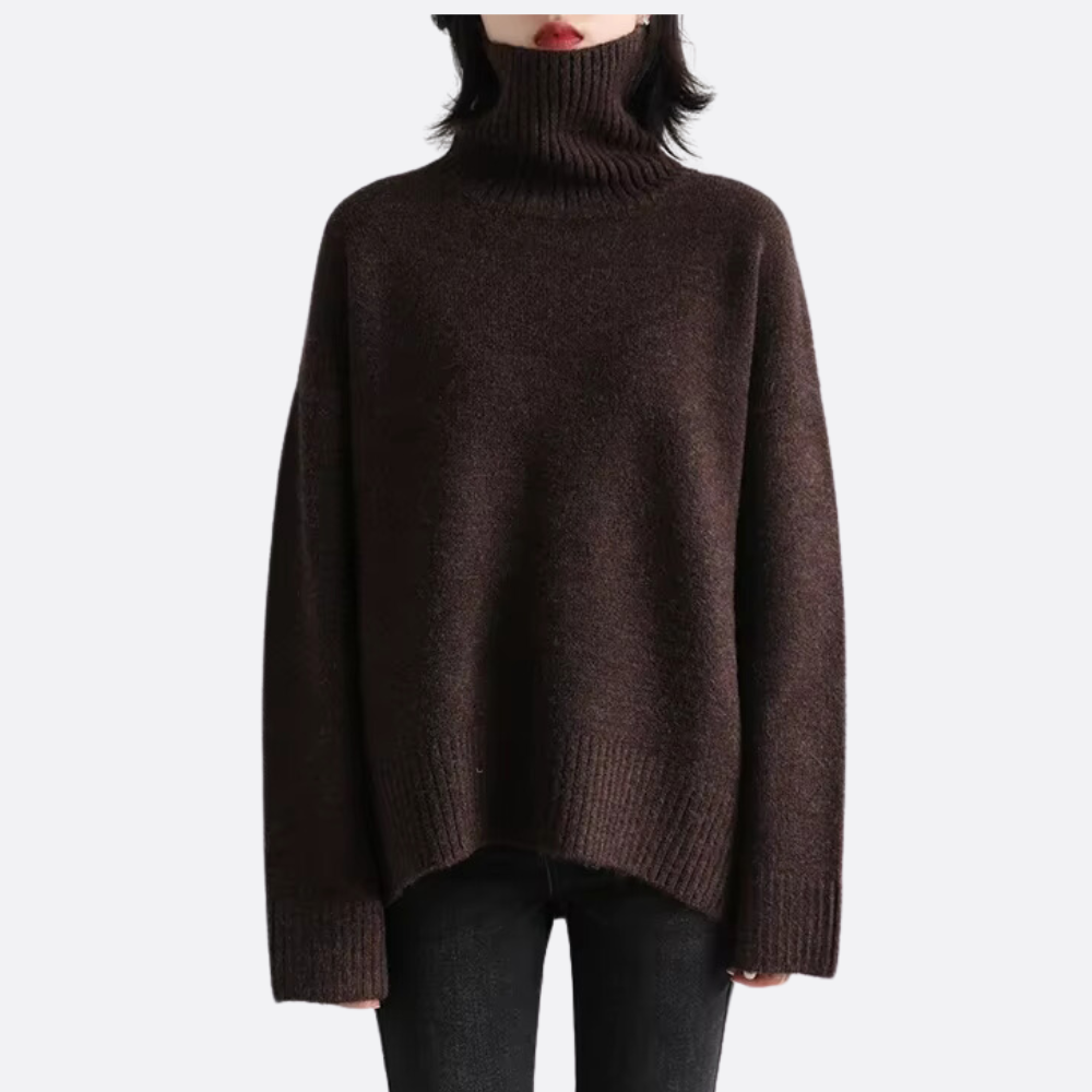 Oversized trui met col en geribde boorden voor dames in koffiebruin