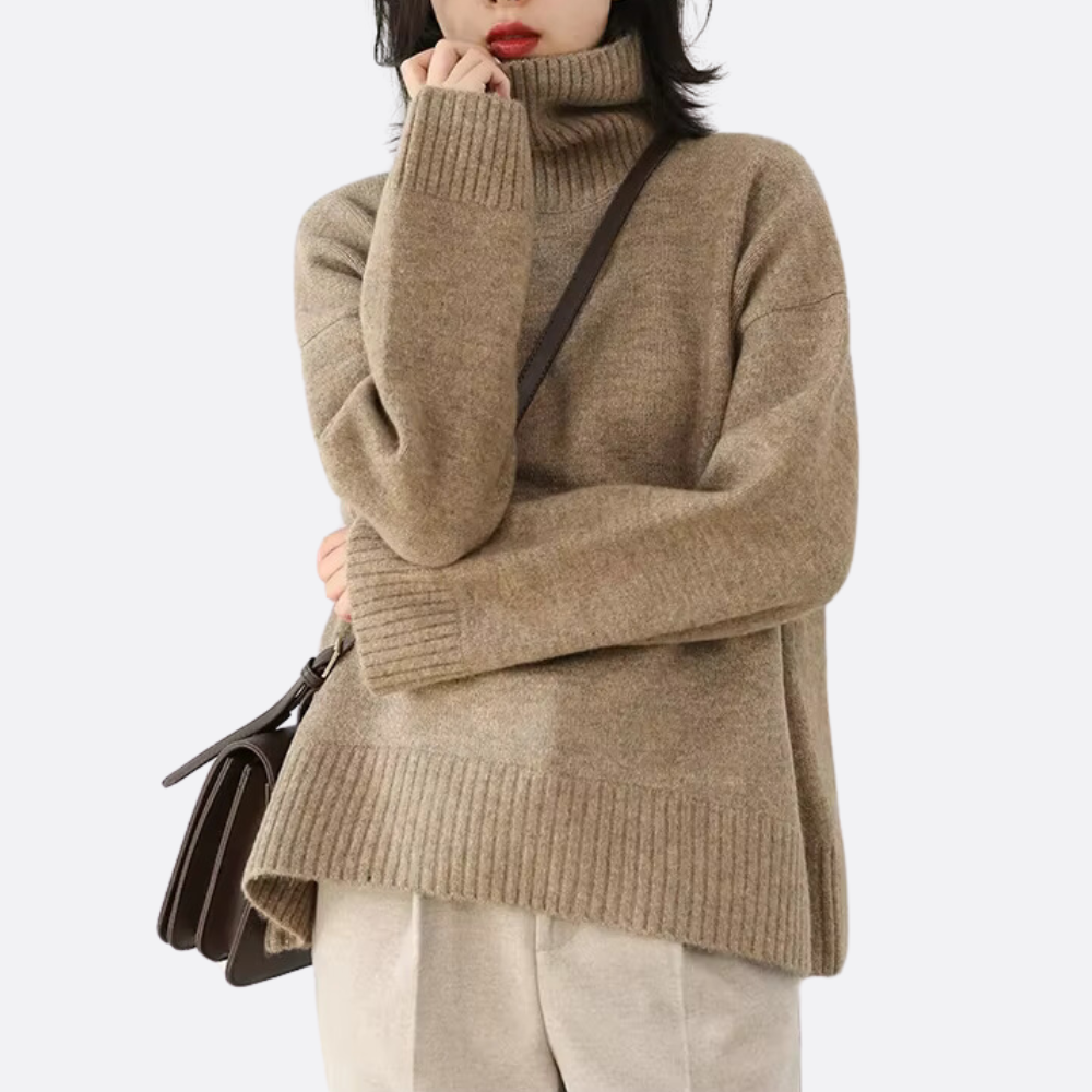 Oversized trui met col en geribde boorden voor dames in khaki