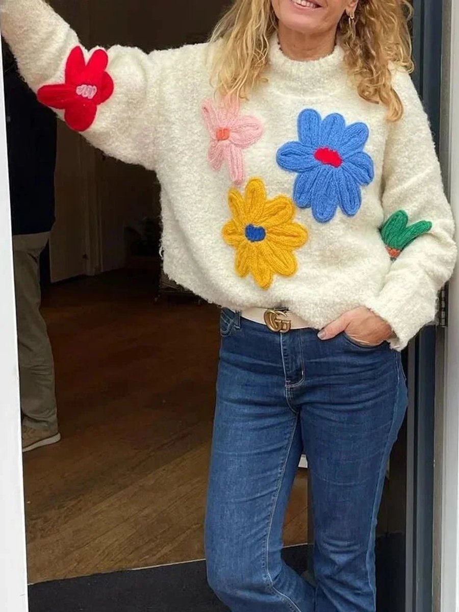 Oversized trui met gebreide bloemapplicaties voor dames