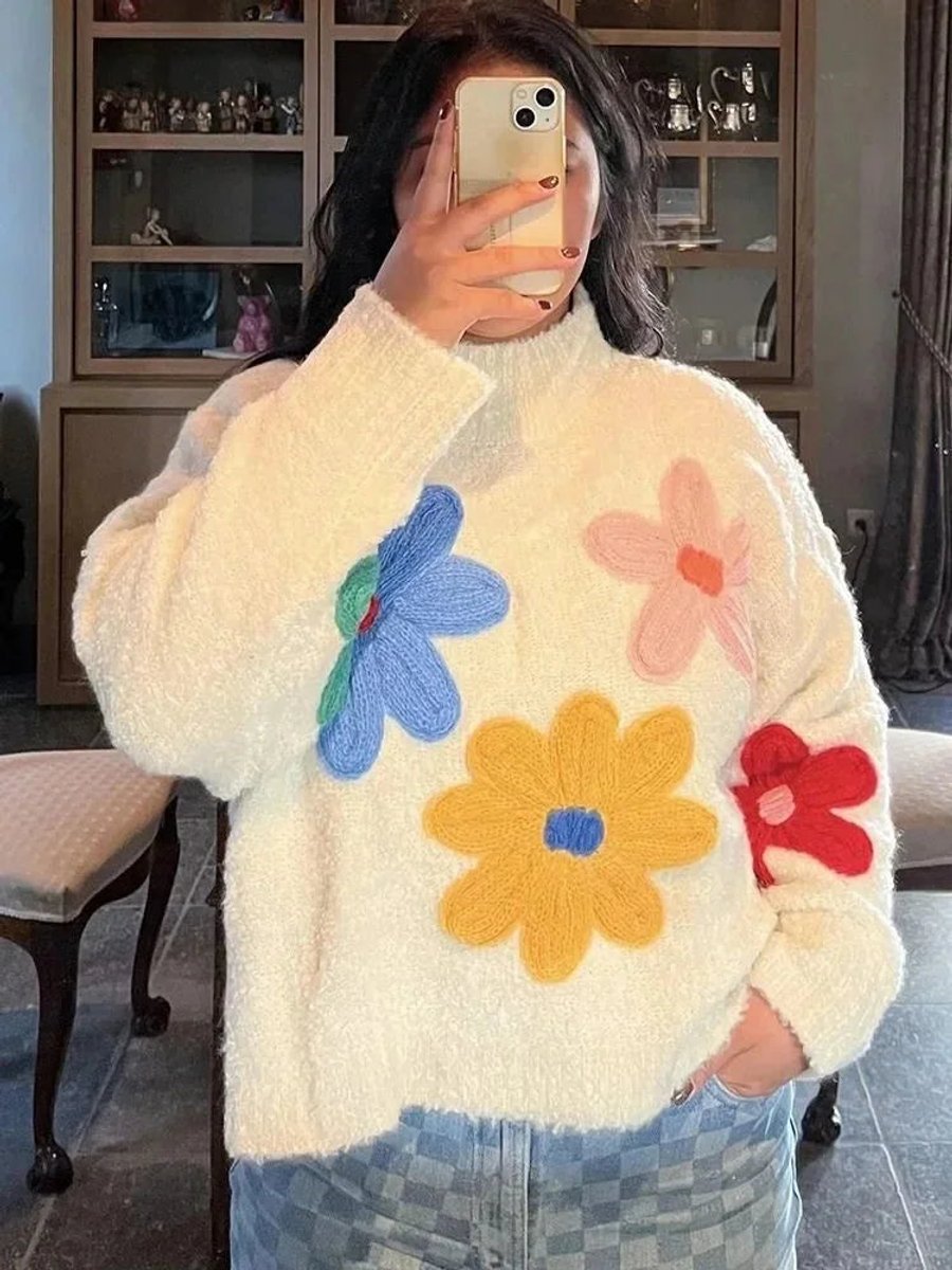 Oversized trui met gebreide bloemapplicaties voor dames in wit